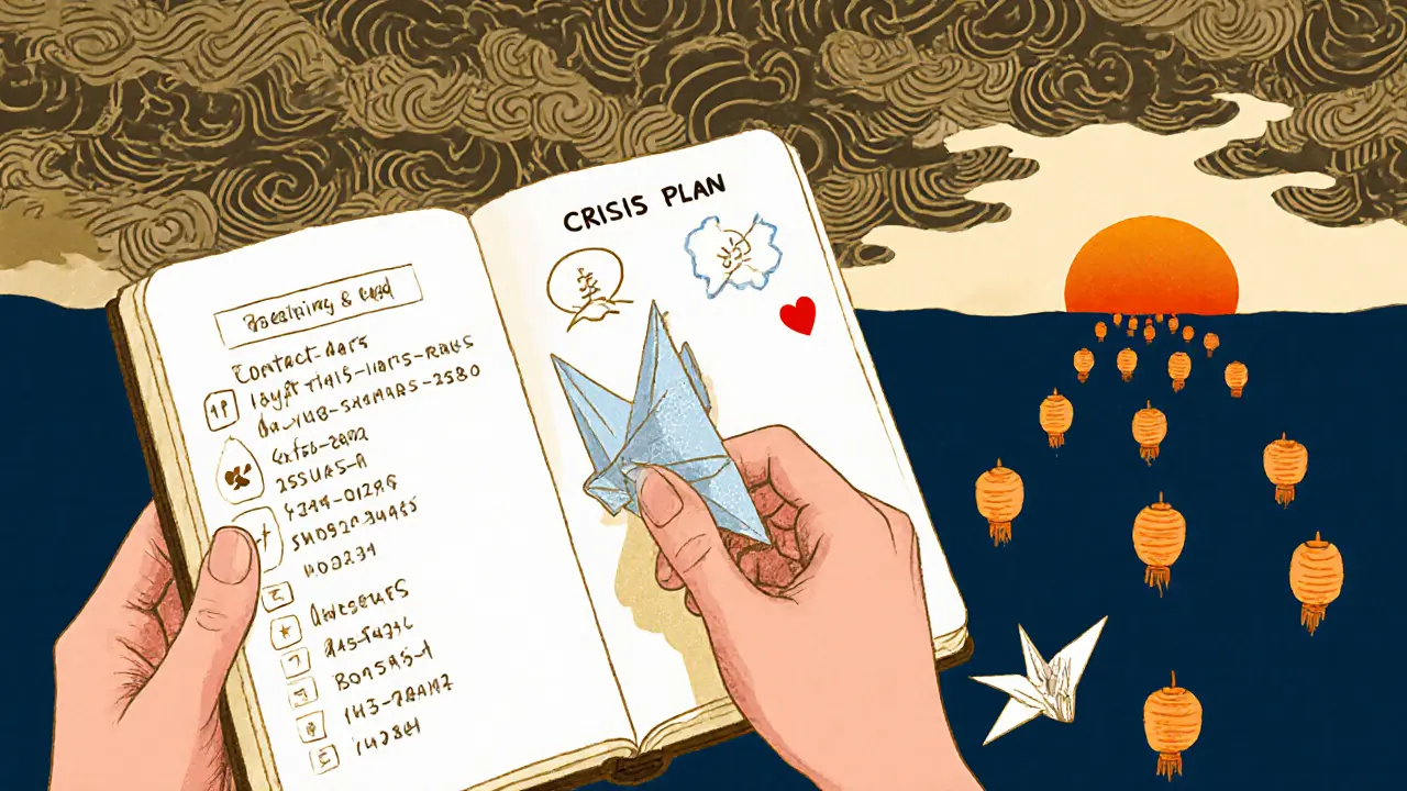 Ruka drží papírového žába, vedle něj krizový plán s čísly a srdcem, svítící lampiony vedou k východu slunce.