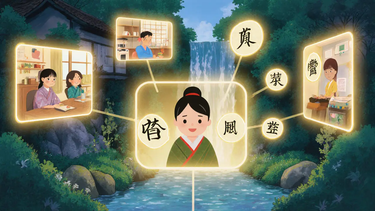 Různí lidé doma připojeni k terapeutovi v zahradě, jejich obrazovky září jemným zlatým světlem.