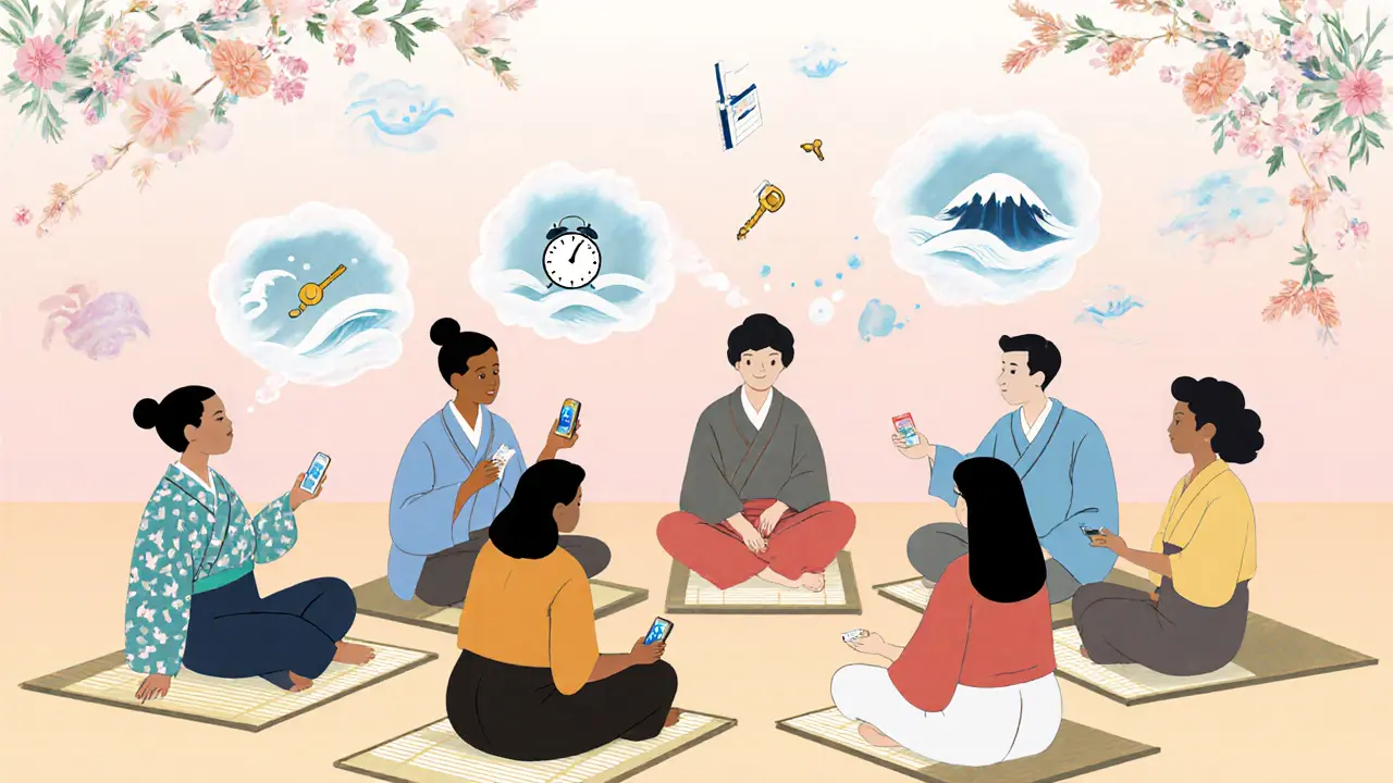 Skupina dospělých v kruhu sdílí nástroje pro ADHD, nad jejich hlavami se vznášejí připomínky a klíče ve stylu japonské malby.