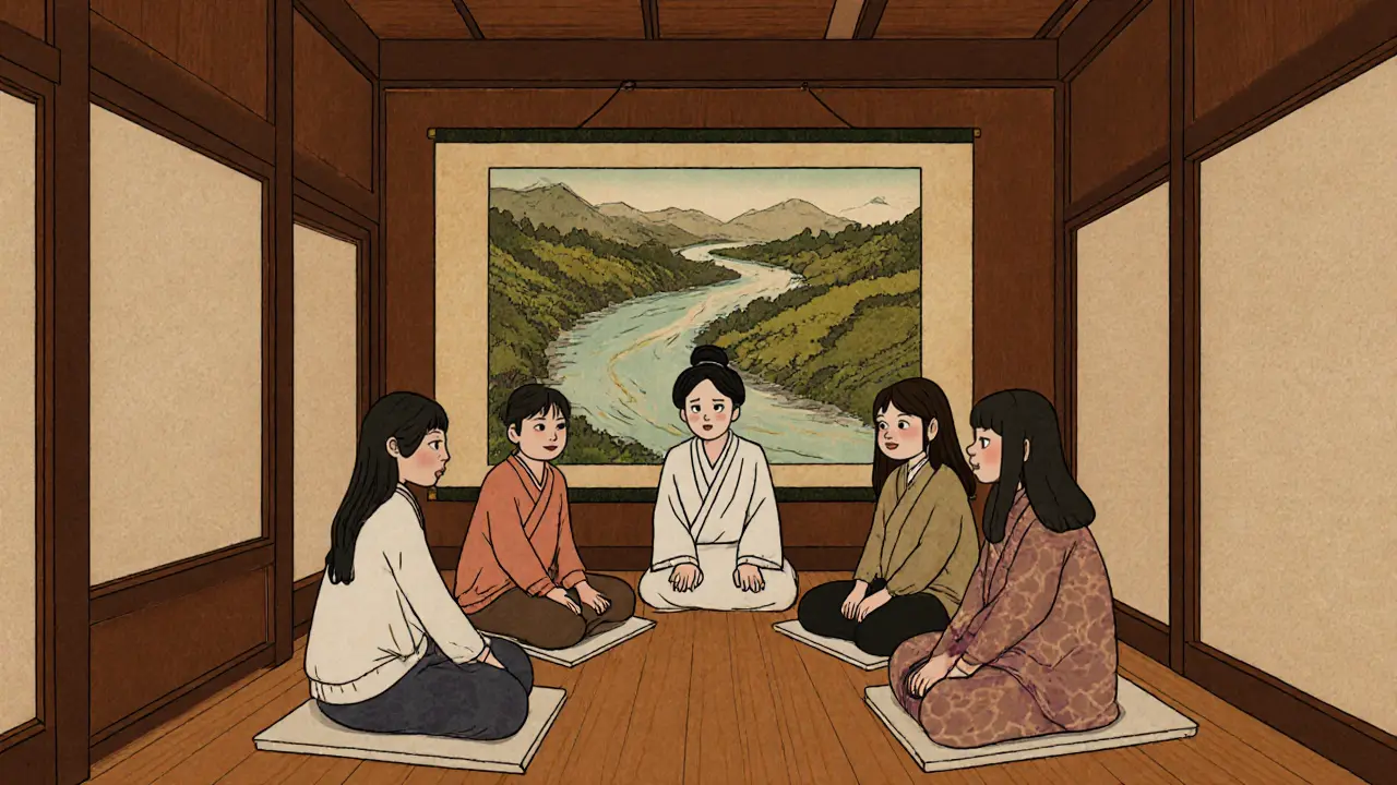 Skupina lidí sedí v kruhu během terapie, v pozadí řeka symbolizující cestu k uzdravení.