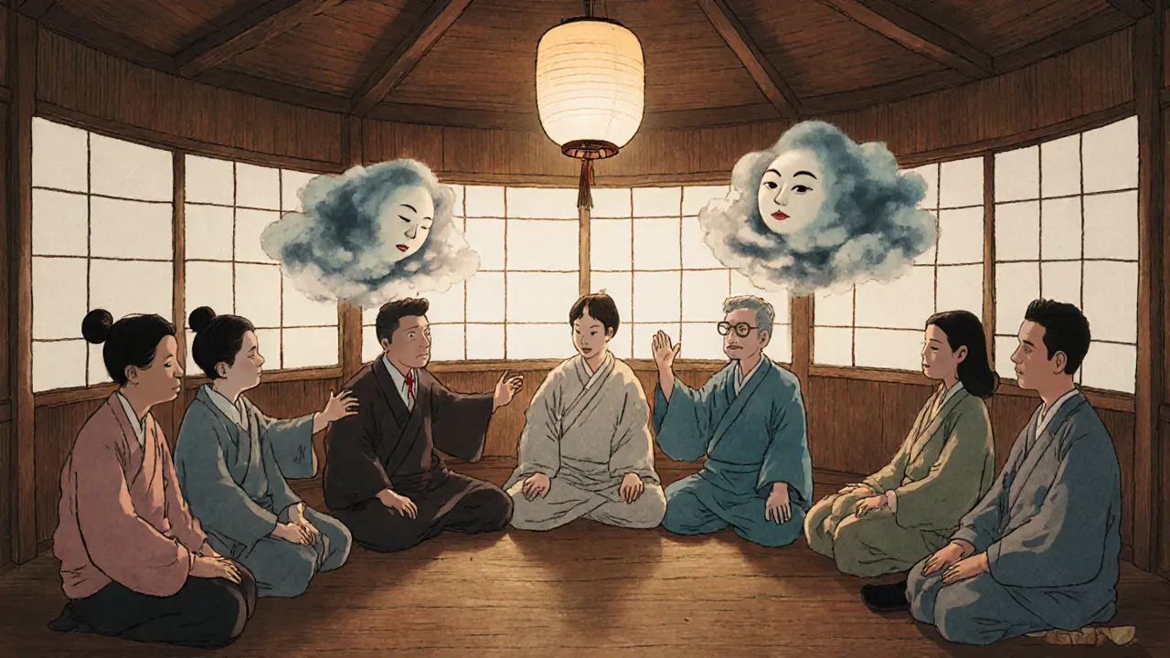 Skupina lidí sedí v kruhu v klidné místnosti, z jejich hlav se odvíjejí oblaky, symbolizující uzdravení.