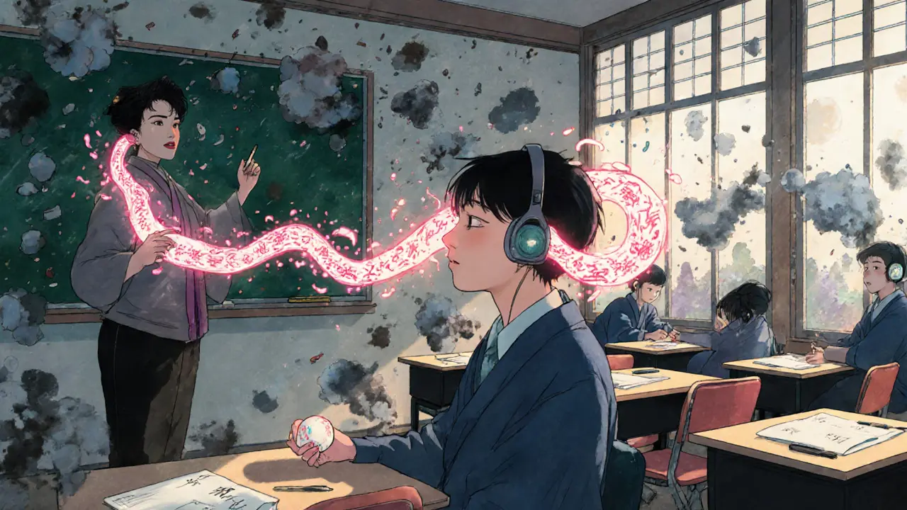 Student s bezdrátovými sluchátky poslouchá jasný hlas učitele, kolem něj se rozptyluje hluk.