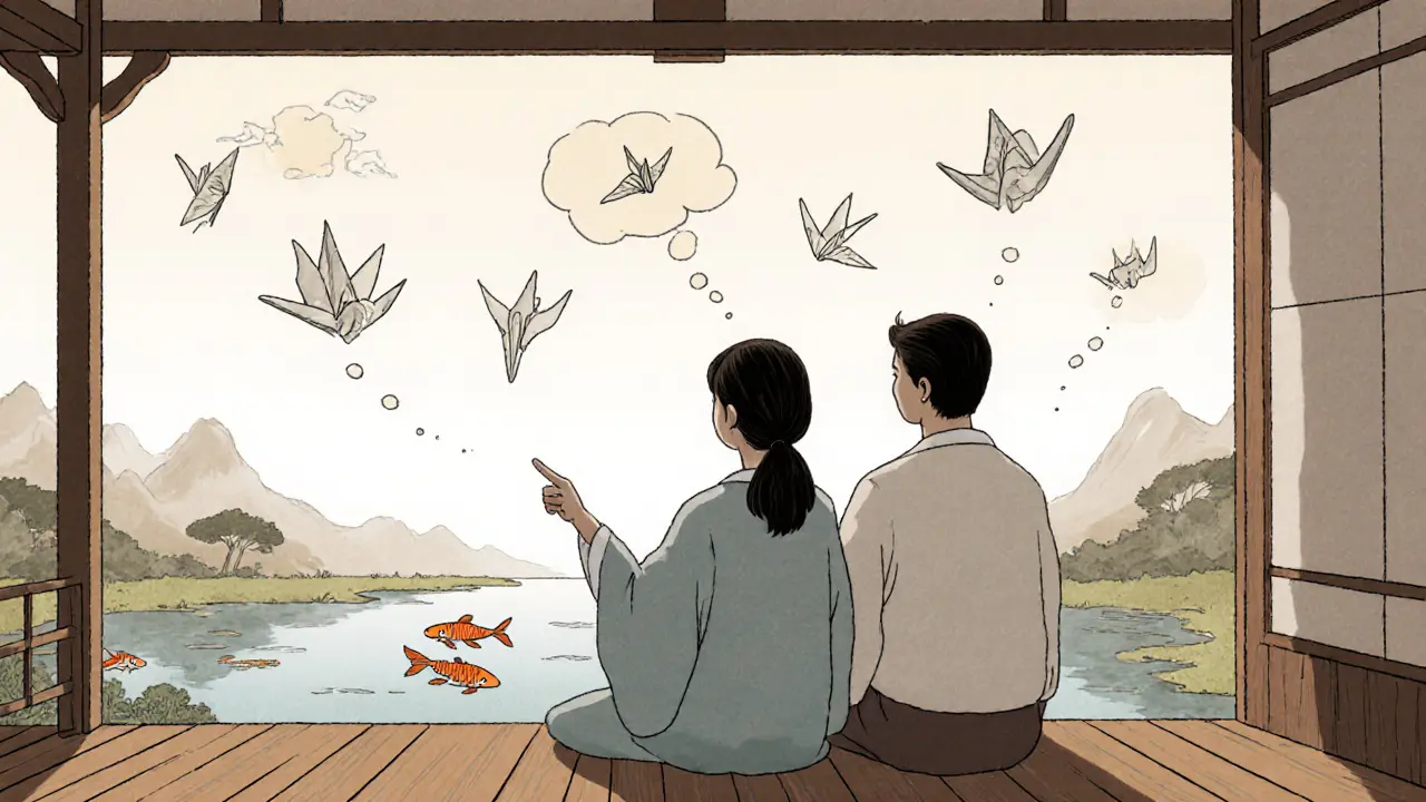 Terapeut a klient sedí na verandě, myšlenky jako papírové žáby plují po jezere.