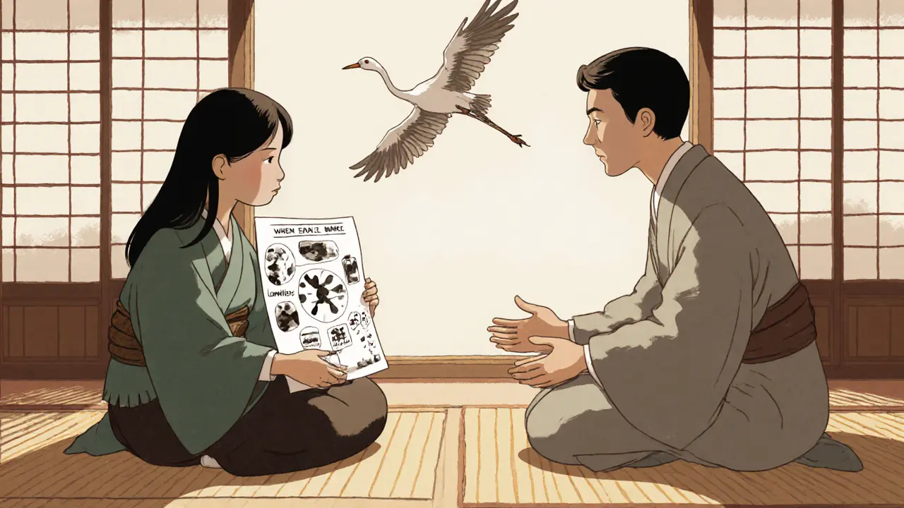 Terapeut a klient sedí v klidné místnosti s papírovými stěnami, klient ukazuje emoční mapu v inkoustu.