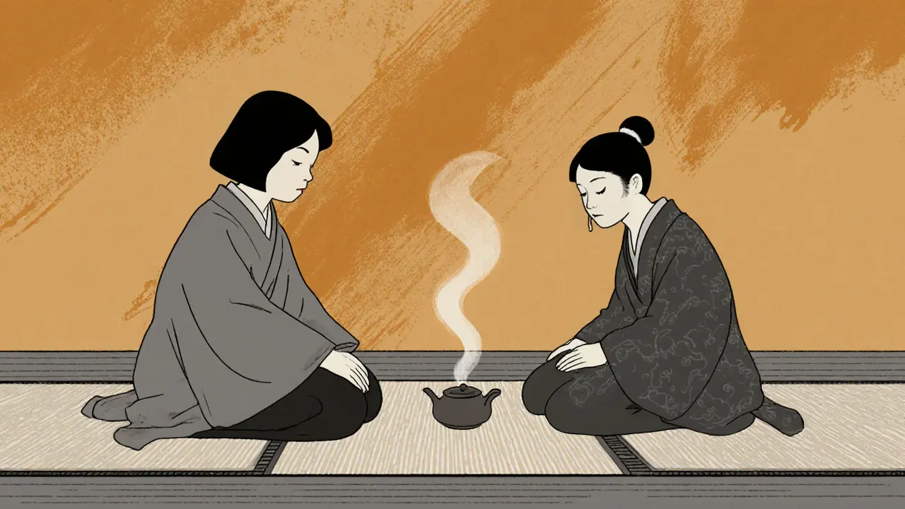 Terapeut a klient sedí v tichosti, mezi nimi čajová konvice a jedna kapka slzy.