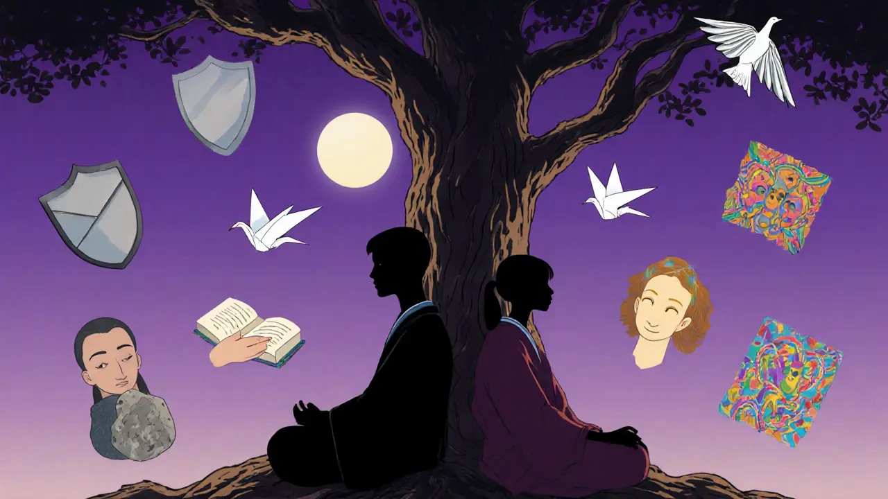 Terapeut a klient sedí zády k sobě pod stromem, jejich stíny se spojují, kolem nich plavou symboly léčby.