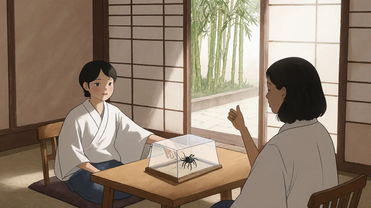 Terapeut a pacient se pomalu seznamují s pavoukem v klidné místnosti.