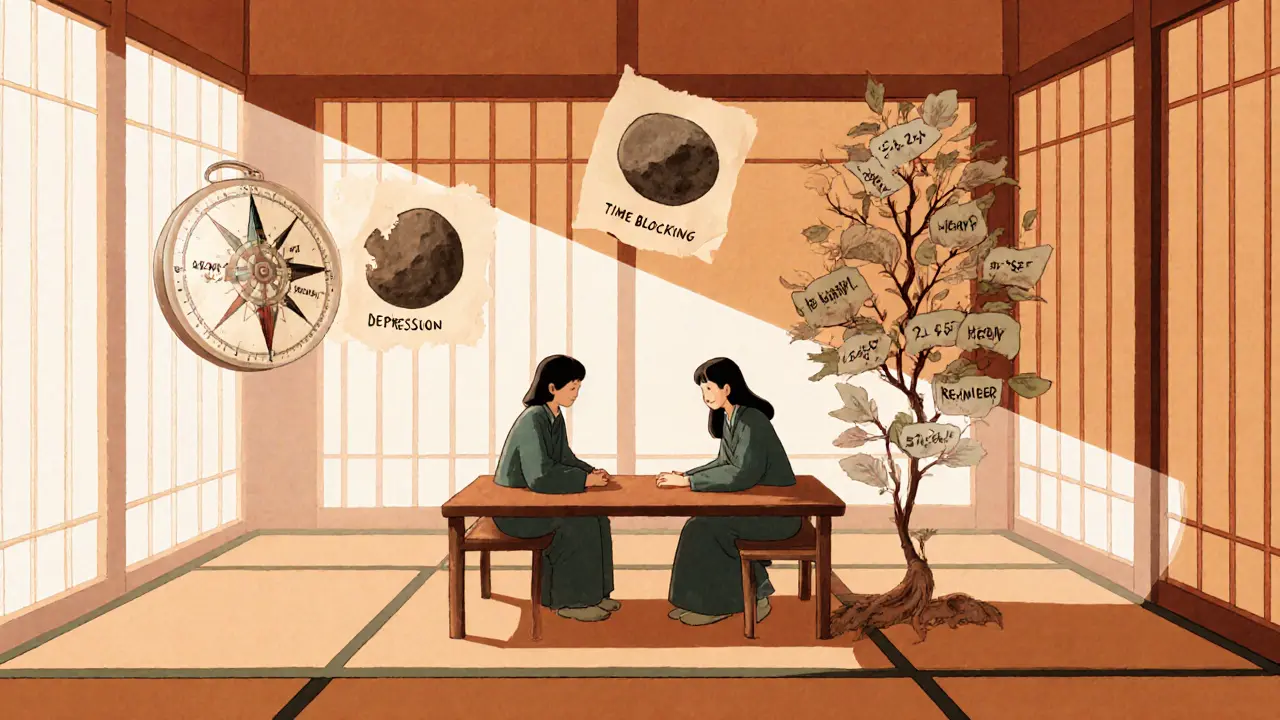 Terapeut a pacient u stolu, kolem nichž plavou symboly léčby jako časové blokování a připomínky.