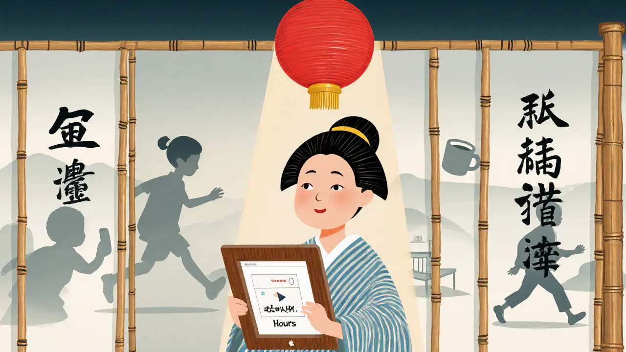 Terapeut drží šifrovanou tabulku, za ním průhledná bambusová přepážka oddělující pracovní a osobní prostor.