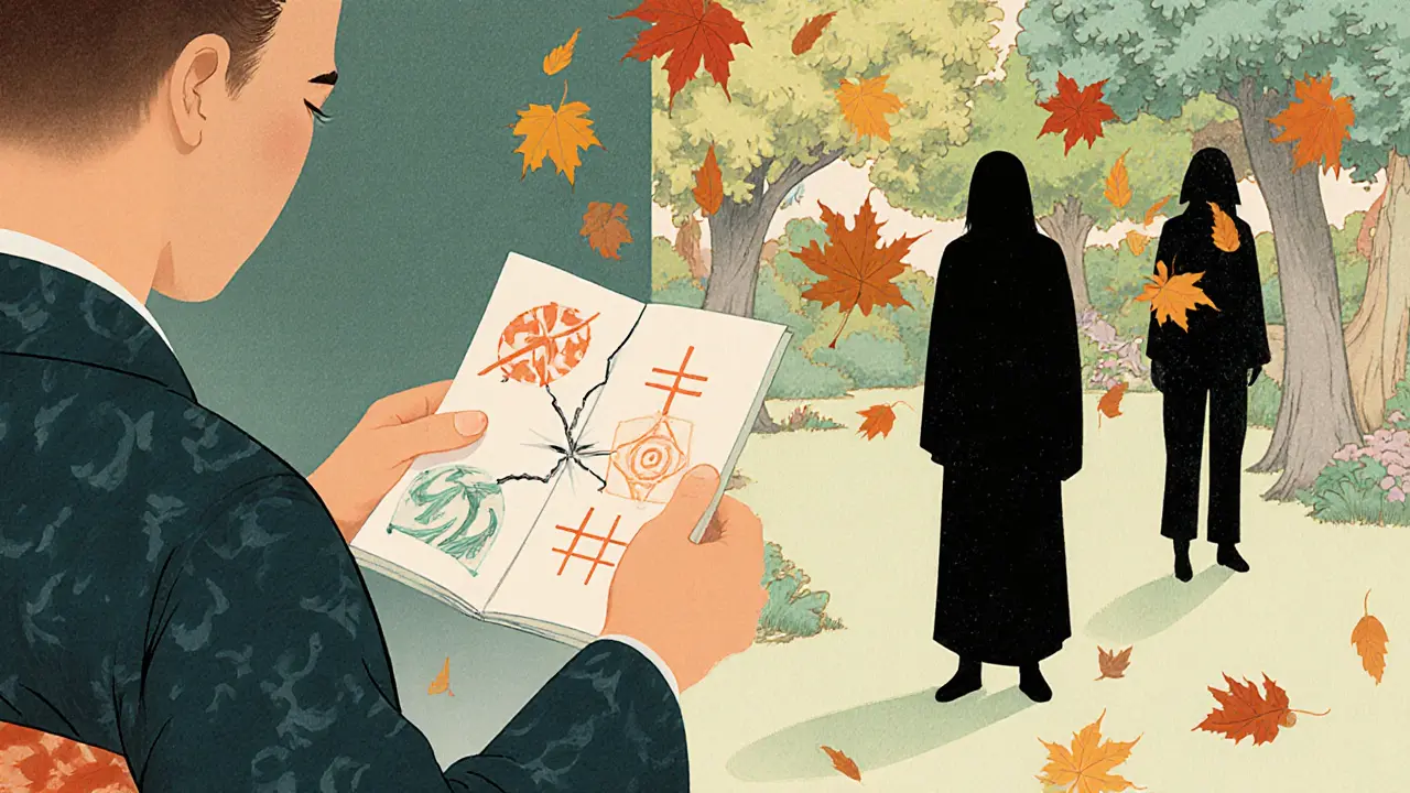 Terapeut ukazuje klientovi symbolický papír, za nimi dva stíny v zahradě se pomalu přibližují.