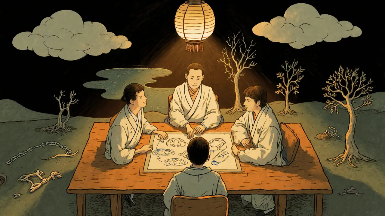 Tým lékařů společně pracuje na plánu léčby komorbidity na starožitném svitku.