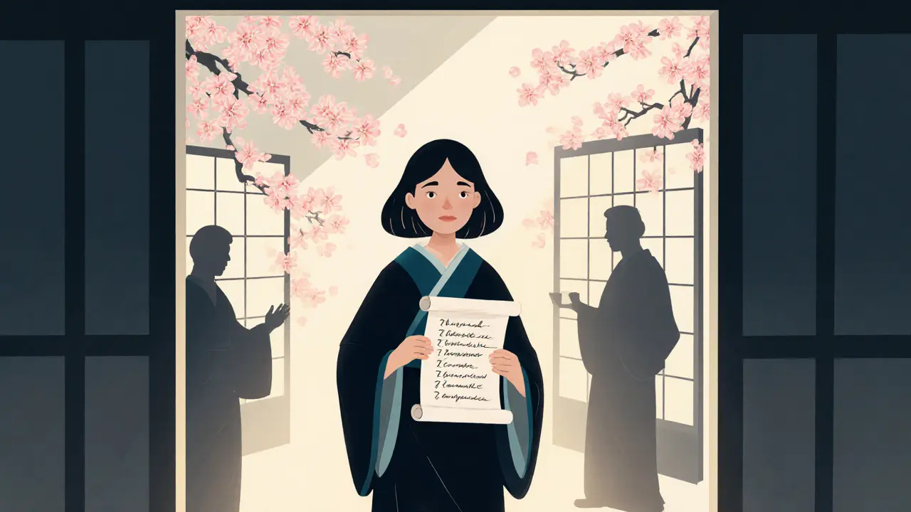 Žena drží svitek s otázkami u dveří do terapeutického prostoru, kolem ní rozkvétají květy.