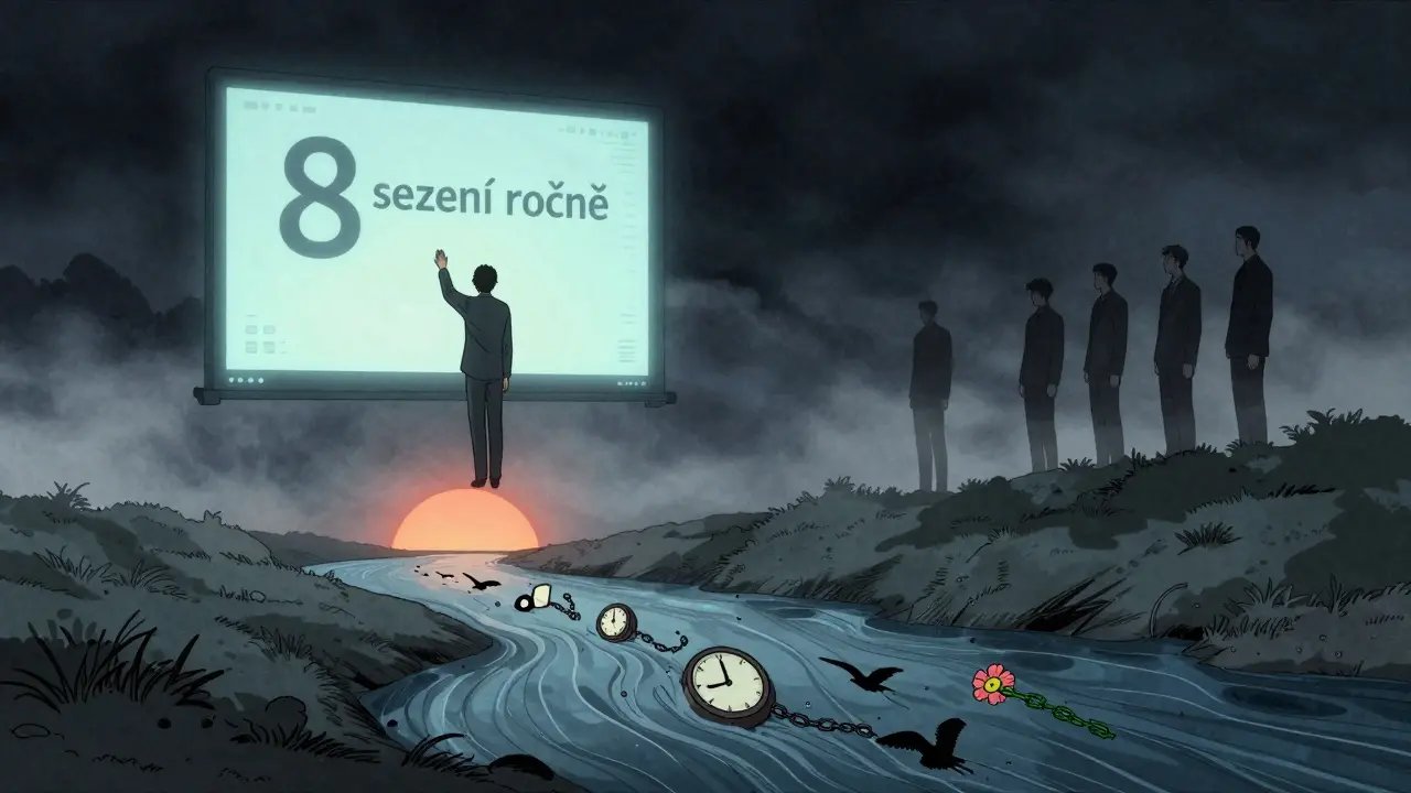 Anonymní online terapie v noční krajině, stres se mění v ptáky a květy.