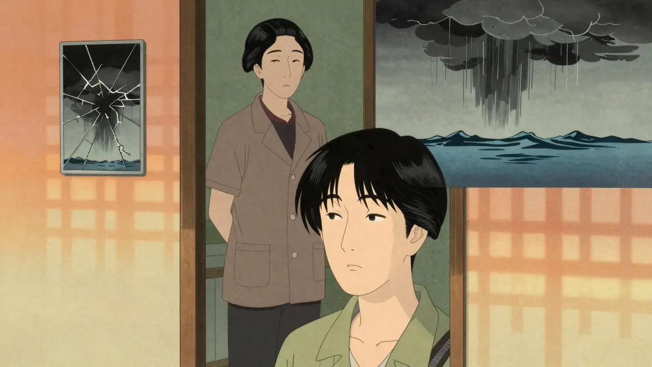 Autistický člověk pomalu vychází ze shutdownu, oči se opět zaměřují, zatímco teplé světlo proniká skrz papírové panely.