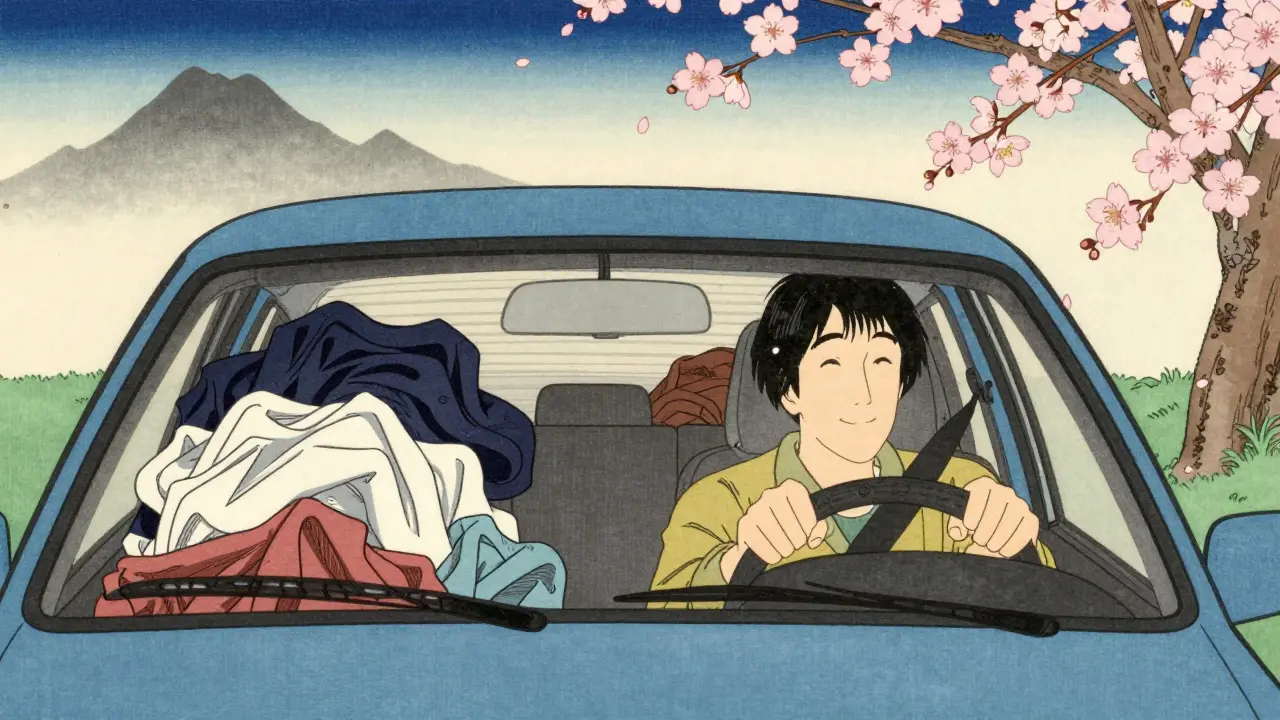 Člověk řídí auto s hromadou špinavého prádla na zadním sedadle, ale pokračuje vpřed.