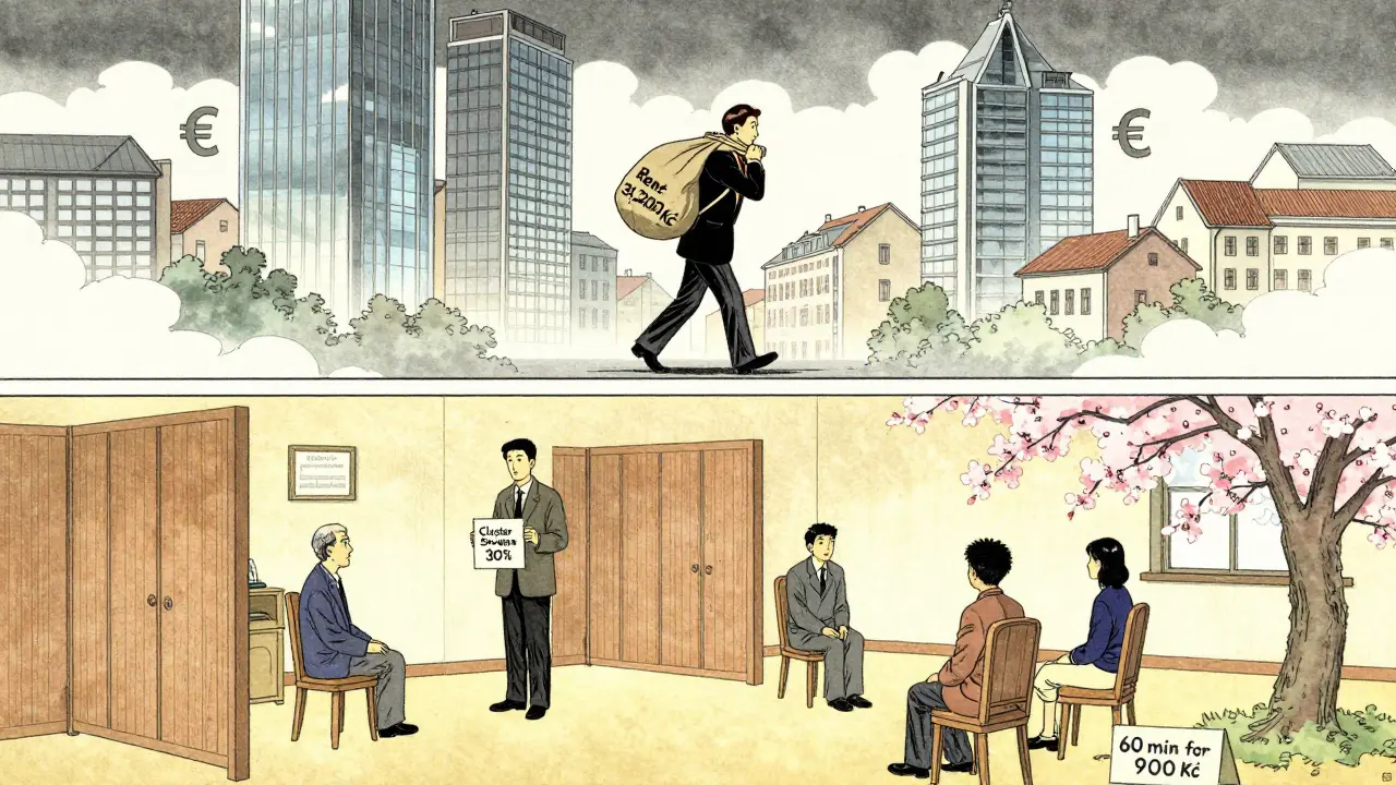 Contrasting therapy economics: heavy rent burden in Prague vs. collaborative savings in regional clusters.