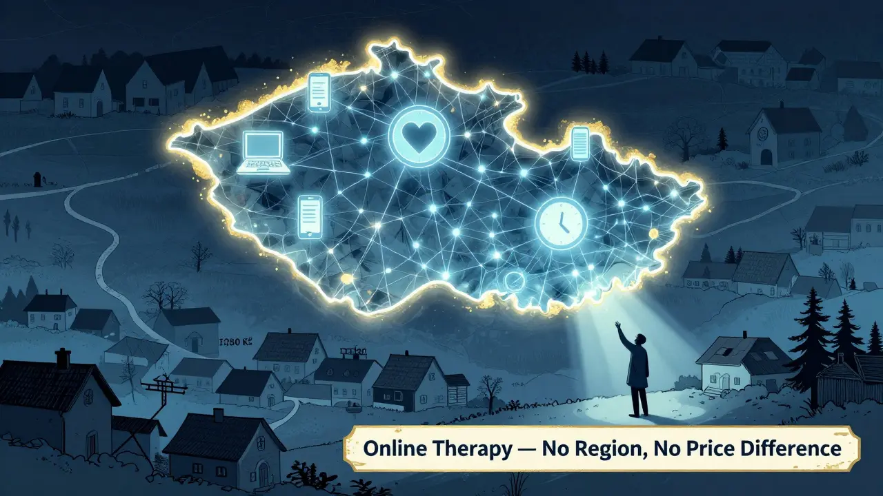 Digital therapist shining uniform pricing across Czechia, while rural areas reach toward online access.
