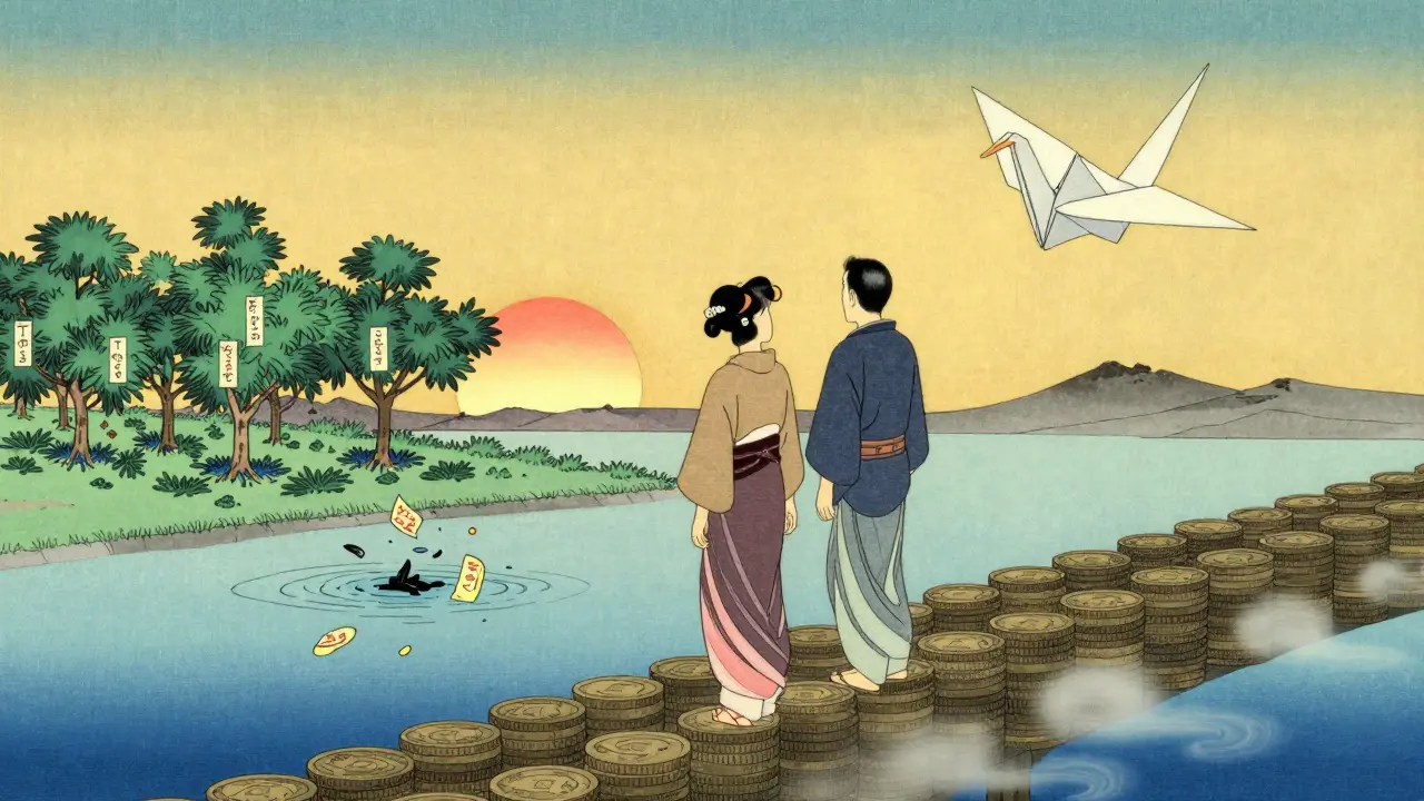 Dvojice stojí na mostě z mincí, směřují k zahradě důvěry a svobody, kolem nich se rozpouští dluhy.