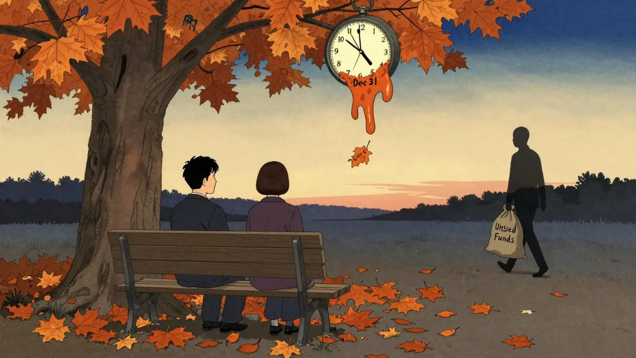 Hodiny se mění v listí, pod stromem sedí terapeut a pacient, list s &#039;5 000 Kč&#039; padá, stín nese nevyčerpané peníze.