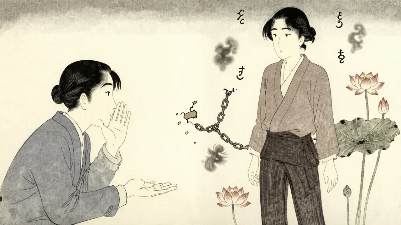 Klient přiznává bolestnou tajemství terapeutovi, který ho poslouchá bez soudění, zatímco kolem něj vznikají symboly uvolnění.