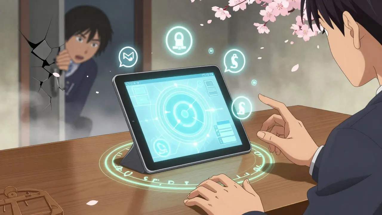 Klient se dotýká šifrovaného tabletu, zatímco nebezpečné e-mailem se snaží proniknout do jeho soukromí.