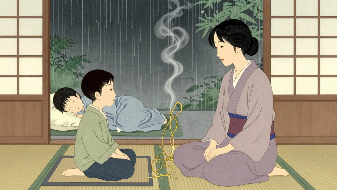 Matka a terapeut sedí v klidné místnosti, z nich vyrůstají zlaté nitky spojení.