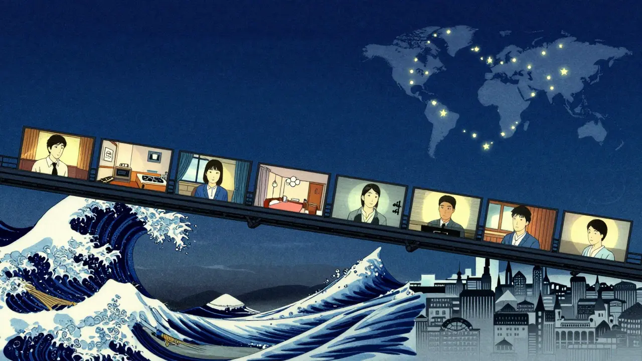 Most z videohovorů spojuje lidi po celém světě pod hvězdnou oblohou s vlnami a městy.