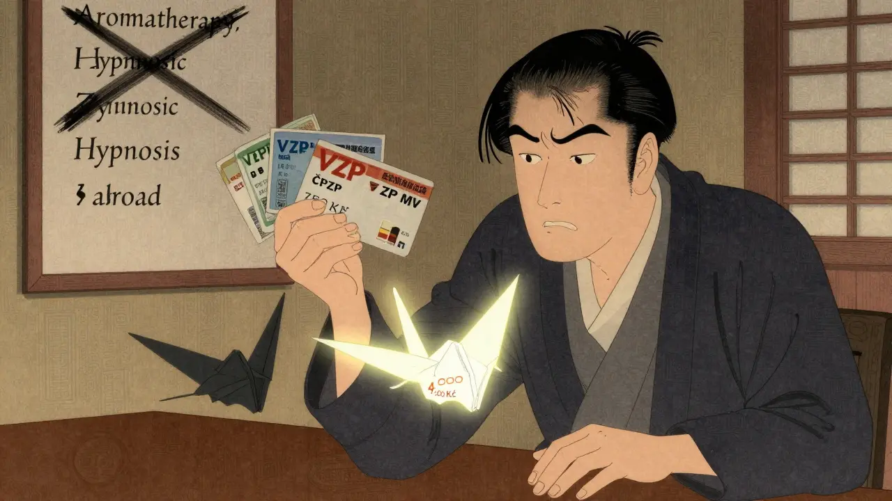 Muž drží tři pojišťovací karty, jedna z nich svítí, zatímco jiné jsou tlumené, za ním jsou zakázané metody přeškrtnuté.