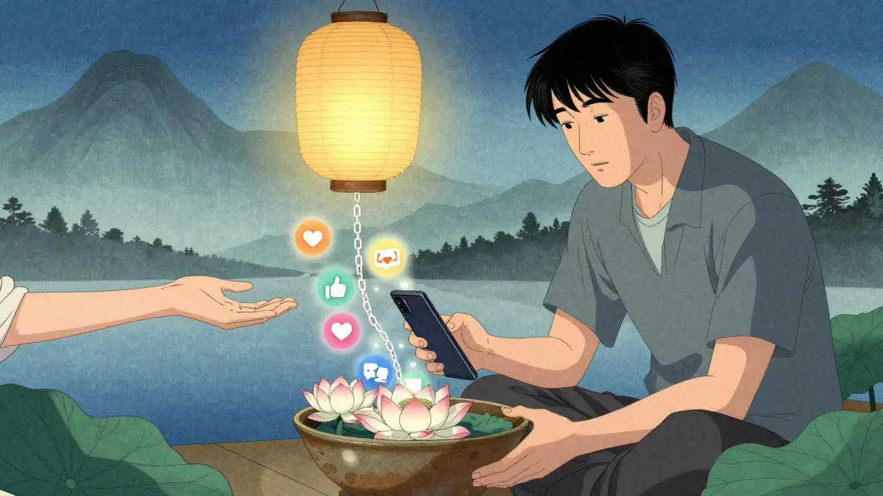 Muž ukládá telefon do mísy s lotosy, zatímco jeho partnerka mu nabízí ruku, symbolizující obnovu důvěry.