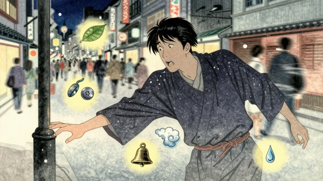 Osoba na ulici se drží sloupku, kolem ní se objevují pět smyslových prvků pro zemnění.