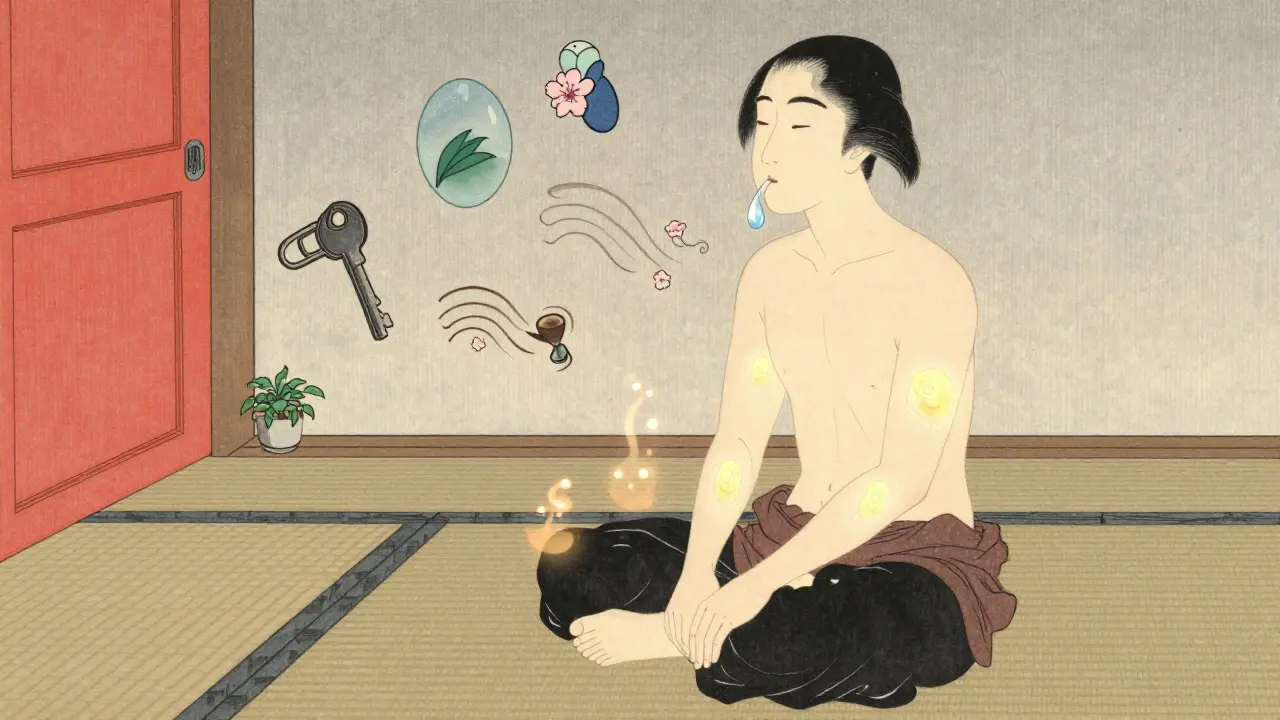 Osoba provádí techniku 5-4-3-2-1, okolo ní plavou vizuální a smyslové prvky v japonském stylu.