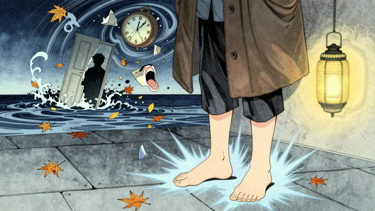 Osoba stojí bosá na chladné dlažbě, těžký plášť na zádech, zatímco traumatické vzpomínky mizí v listech.