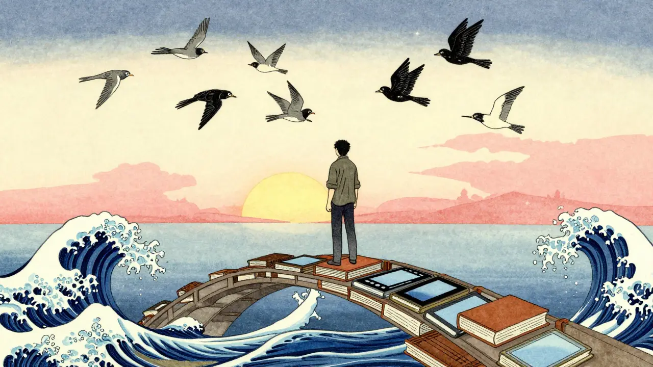 Osoba stojí na mostě z knih a tablet, emoce se mění v ptáky, které létají do východu slunce.
