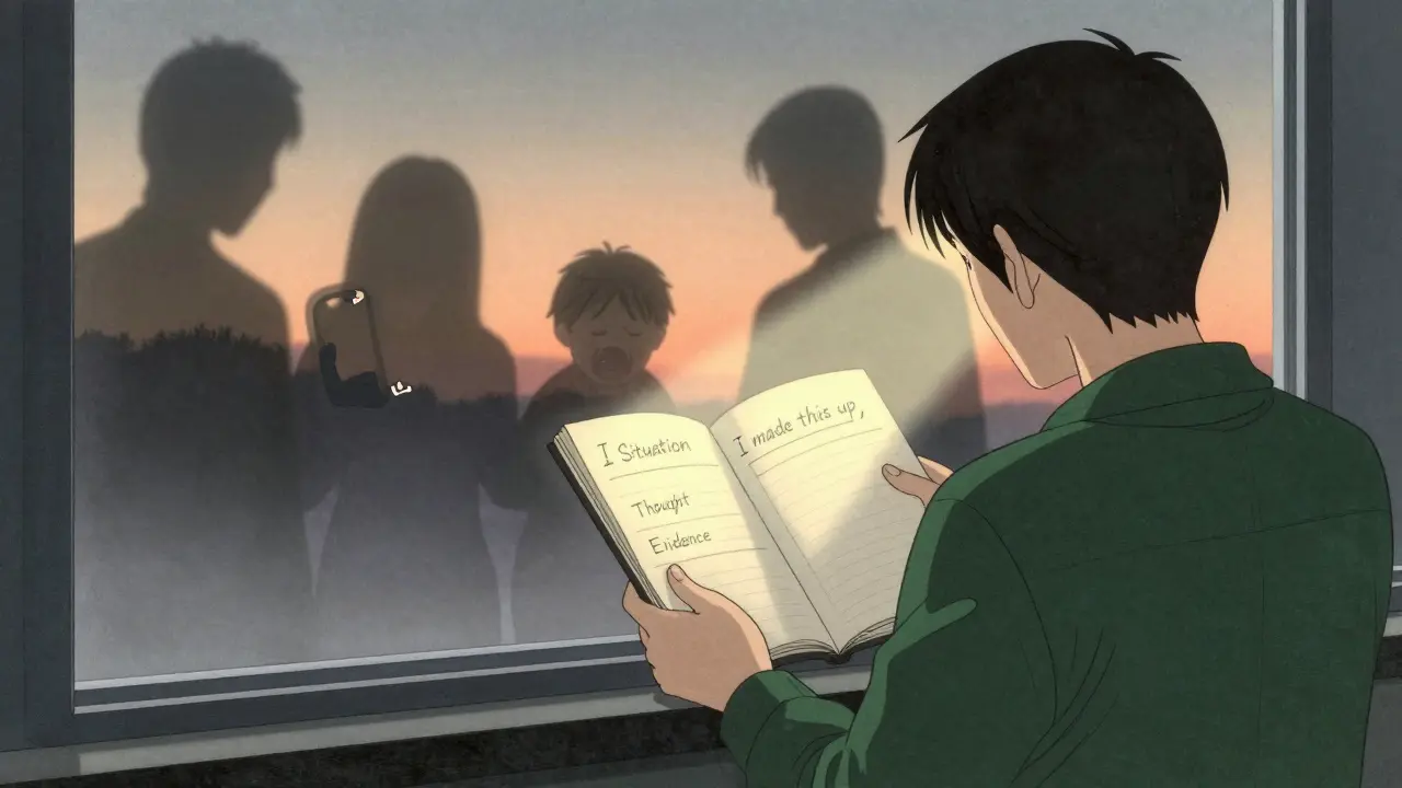 Osoba stojí u okna, drží deník s třemi sloupci, stíny minulosti se rozplynou v světle rána.