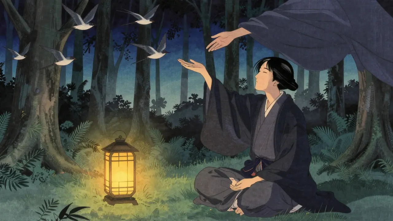 Osoba v klidné lesní zátoce, pokrytá pláštěm, zatímco traumata mizí v stromech.