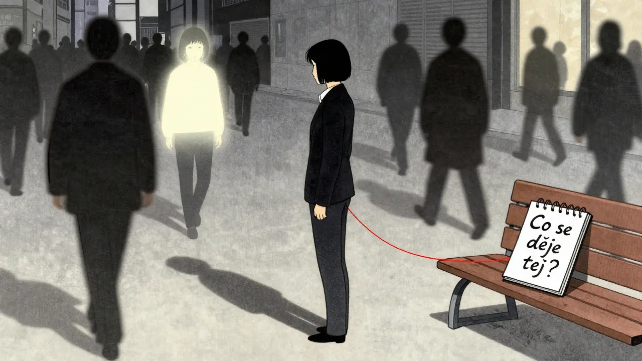 Osoba v rušném městě s obličejem z minulosti překrytým nad cizincem, červená nit spojuje její ruku s lavicí.