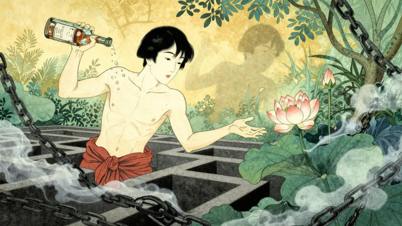 Pacient vychází z temného bludiště k lotosu, zatímco jeho stín zmizí.