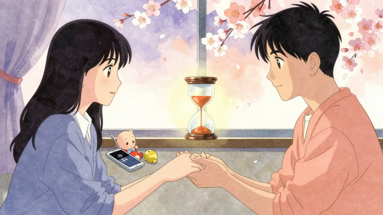 Pár drží ruce za klidného večera, zapomenuté telefony a hračky v rohu, mezi nimi přechodný písek v hodinách.