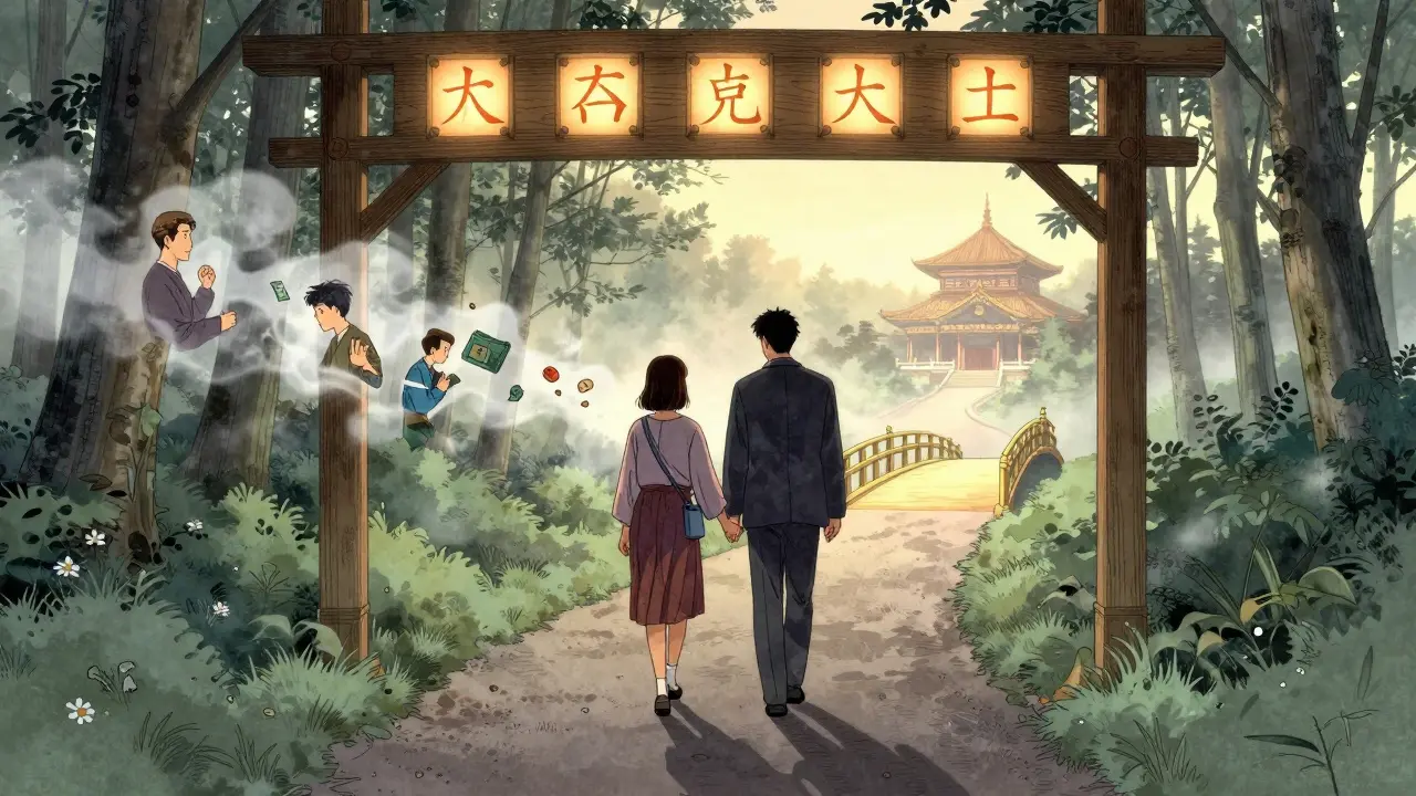 Pár kráčí lesní cestou, jejich stíny se slučují, za nimi se rozptylují konflikty.