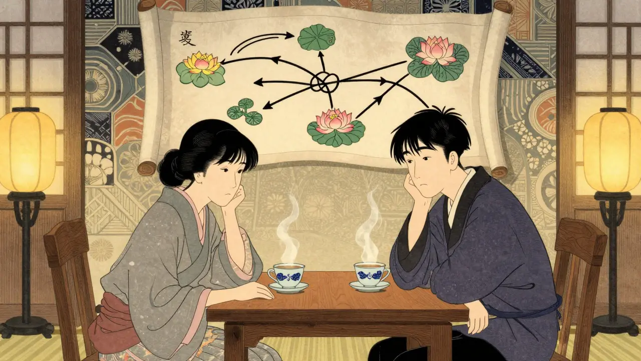 Pár pije čaj, nad nimi se rozvíjí mapa jejich vztahu v tradičním stylu.