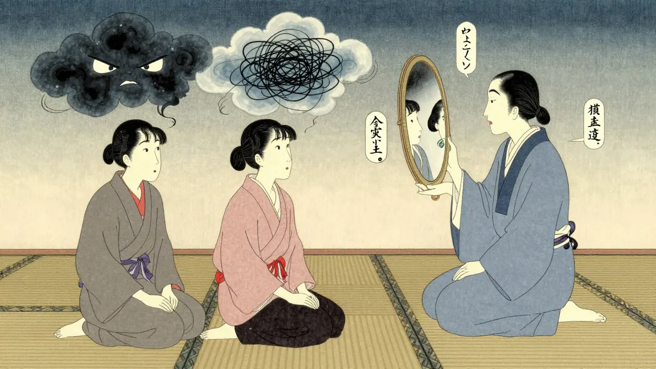 Pár sedí na tatami, jejich emoce jako inkoustové mraky, terapeut drží zrcadlo ukazující jejich skutečnou vazbu.