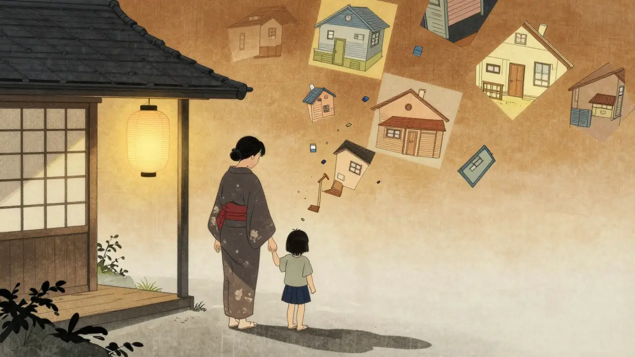 Rodič a dítě drží ruce pod lucernou, jejich stíny se slučují, zatímco minulé domovy mizí ve světle.