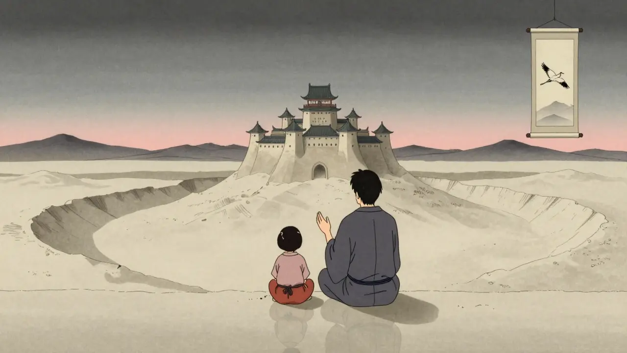 Rodič a dítě sedí vedle sebe a sledují prázdné pískové prostředí s hradem.