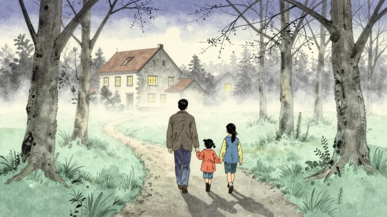 Rodina kráčí lesem, stínové obrazy se slučují, domov zůstává za nimi.