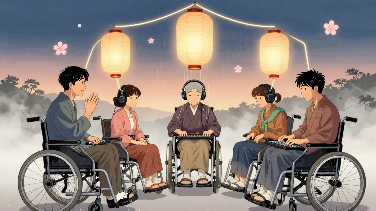 Různí lidé s postižením používají přístupné online nástroje, spojení představují papírovou lampionu ve světle dne.