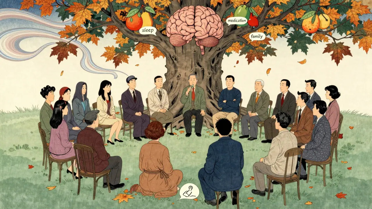 Skupina lidí pod stromem s ovocem reprezentujícím klíčové oblasti psychoedukace.