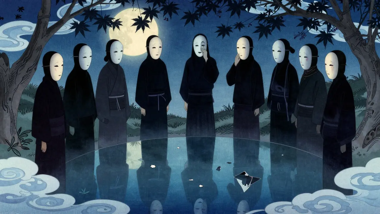 Skupina lidí s maskami, jejich odrazy v jezírku ukazují zranitelné bytosti.