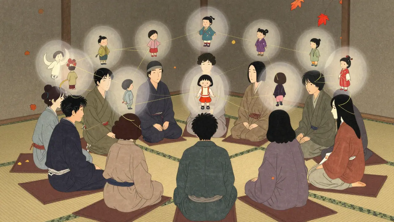 Skupina lidí sedí v kruhu, nad jejich hlavami plavou jejich vnitřní emocionální stavy ve formě dětí.