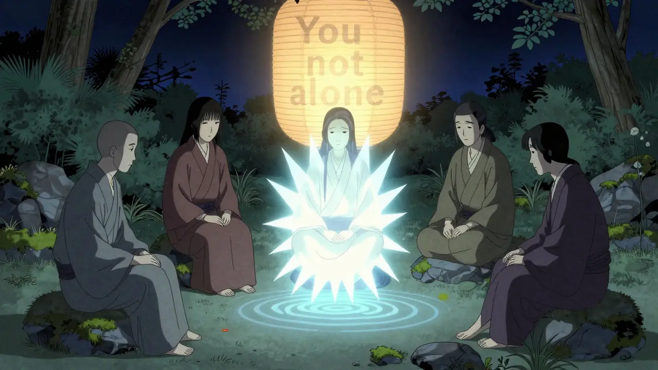 Skupinová terapie v měsíční zahradě, jeden člen vyzařuje ostré světlo, ostatní jsou klidní, jedna ruka způsobuje modrou vlnu.