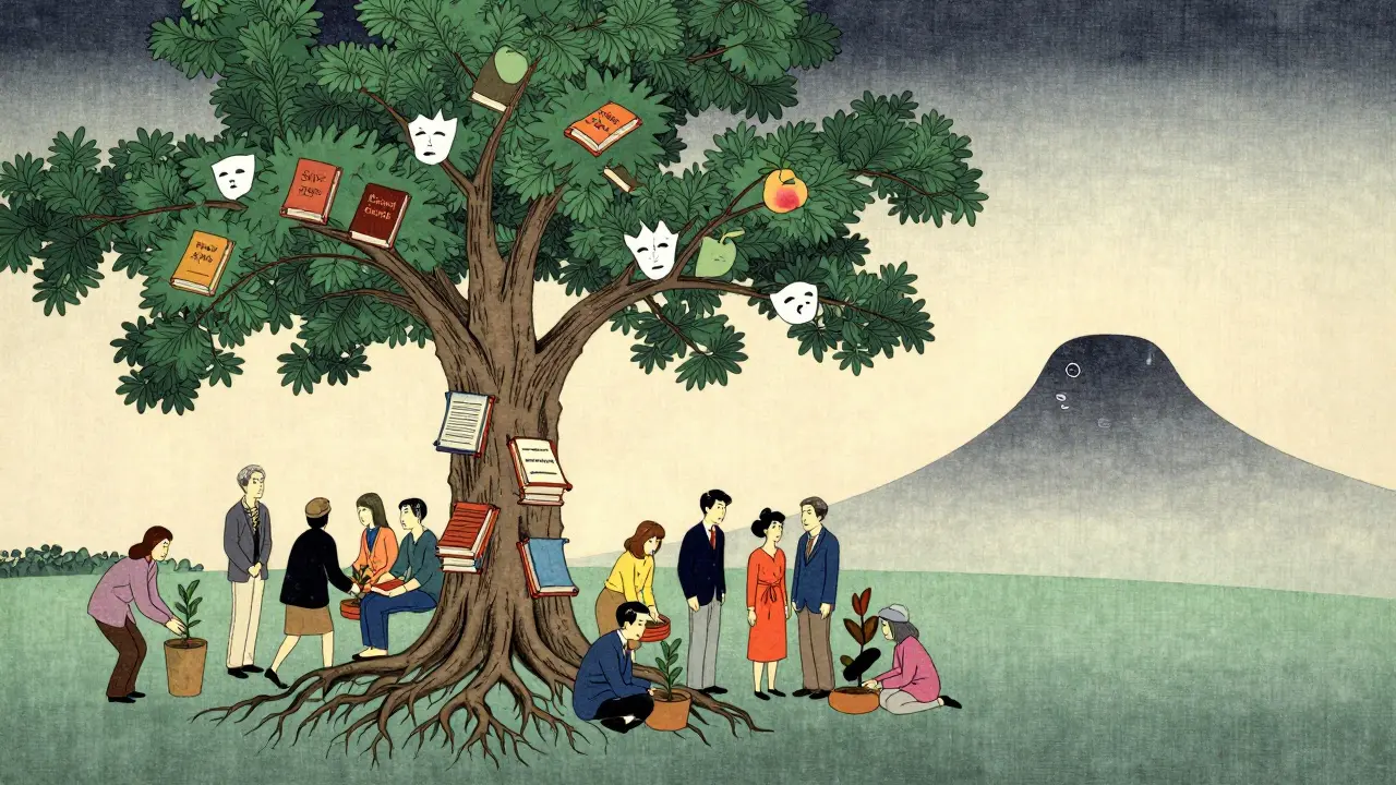 Strom s kořeny z knih a masok, jehož ovoce je značky sebeznalosti, obklopen lidmi, kteří zasévají a sklízejí.
